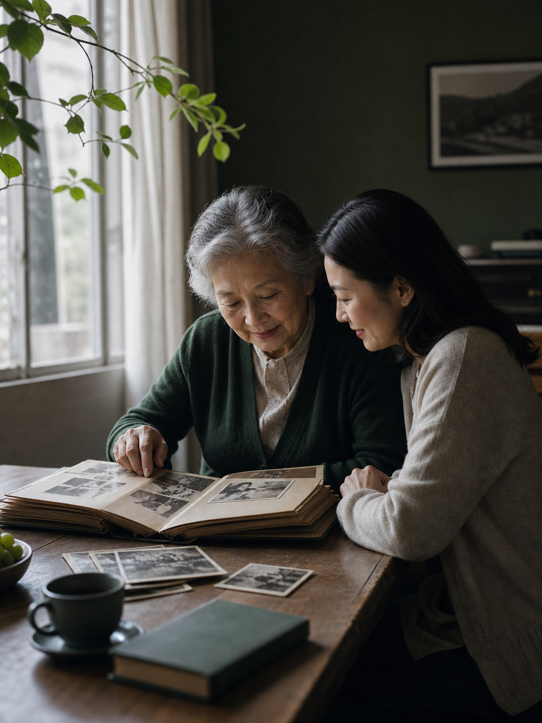 母女一起翻阅家庭相册